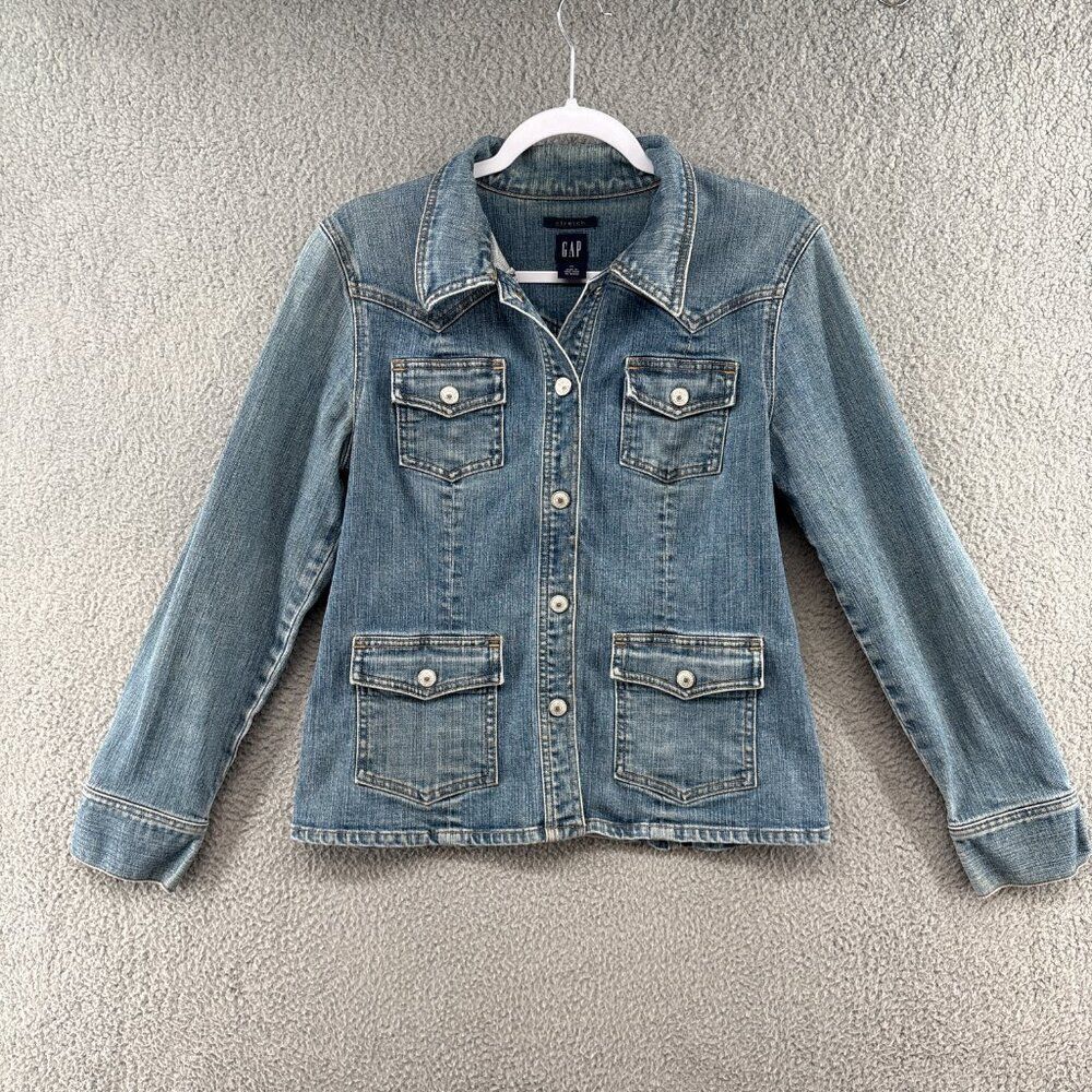 GAP 2003 Stretch Denim Snap Jacket Medium Light Wash Western Utility Y2K - Picture 11 of 14